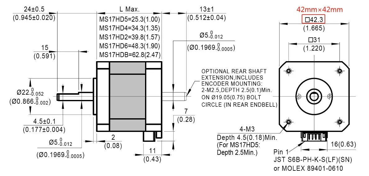 NEMA 17 stepper motor detailed dimensional drawing