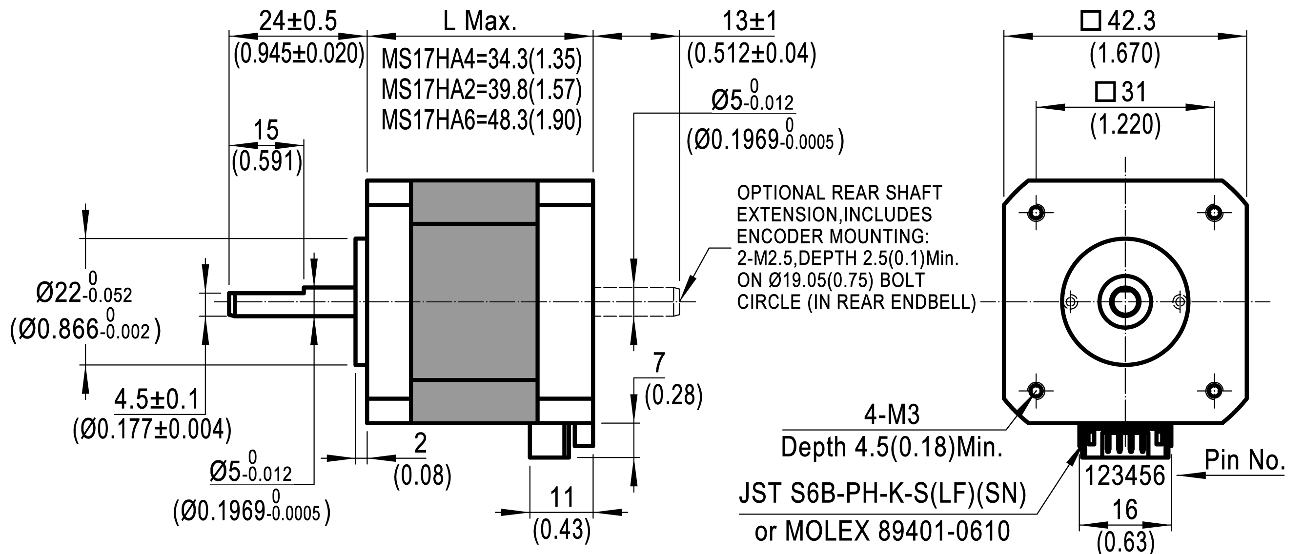 Dimensions of NEMA 17 High Precision Hybrid Stepper Motors
