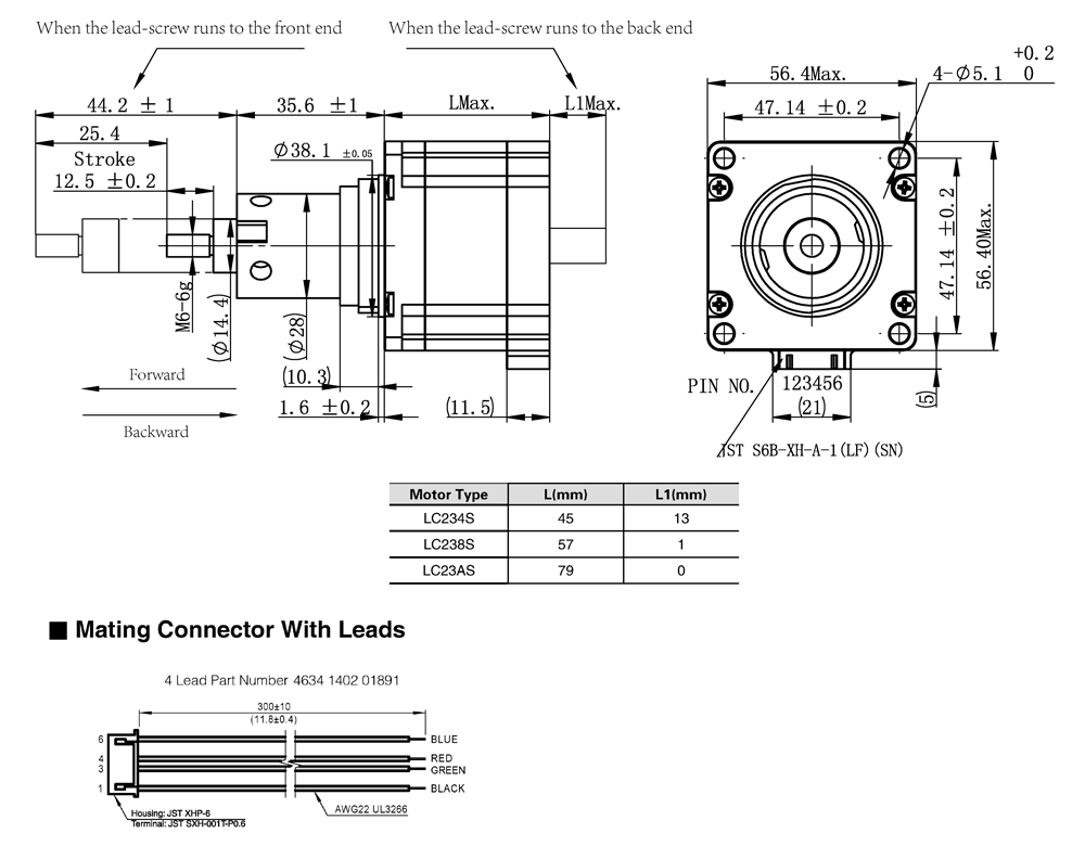 Drawing of NEMA23 Captive Linear Stepper Motors