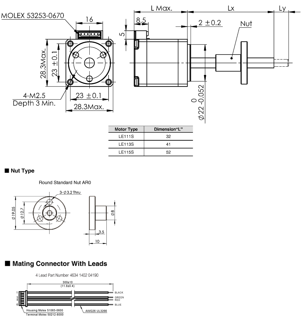 Drawing of NEMA11 External Nut Linear Stepper Motors
