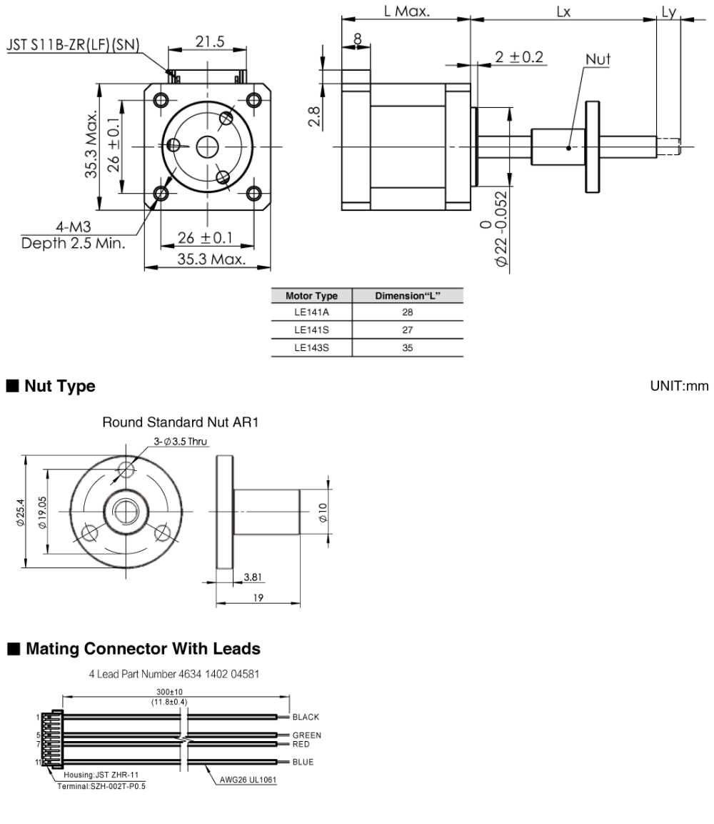 Drawing of NEMA14 External Nut Linear Stepper Motors