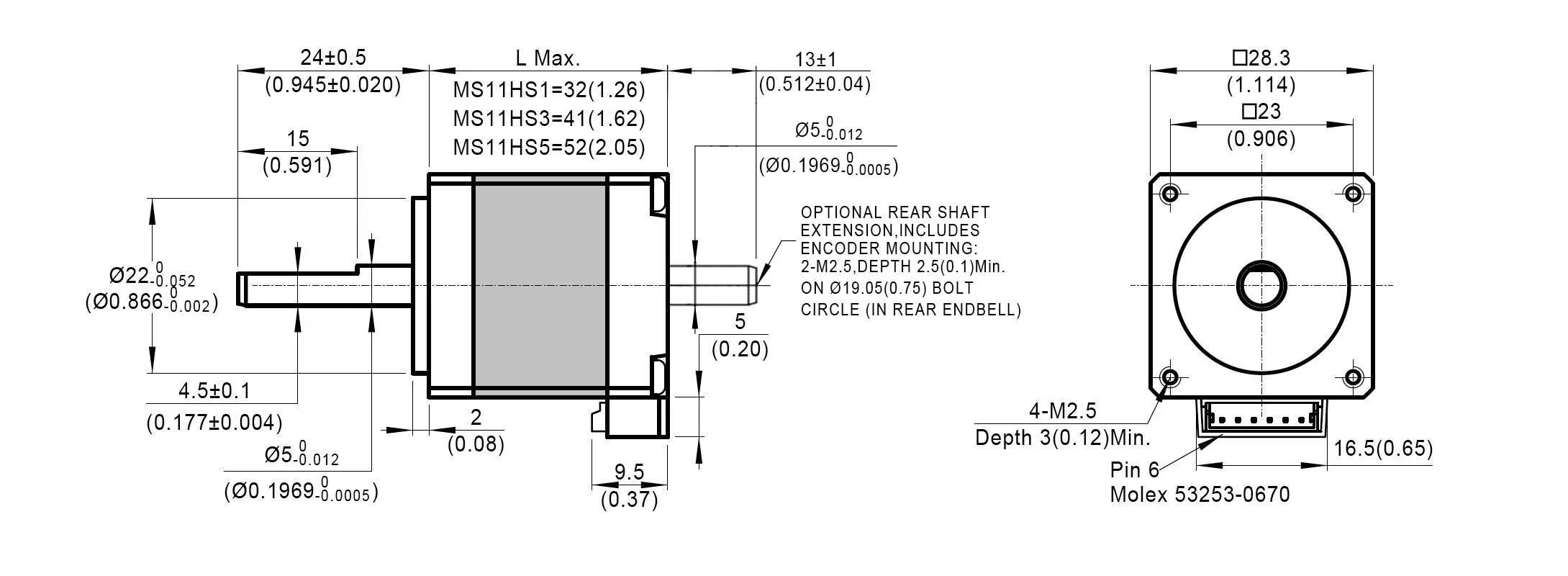 Dimensions of NEMA 11 Standard Hybrid Stepper Motors