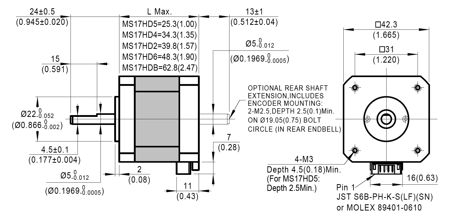 Dimensions of NEMA 17 Standard Hybrid Stepper Motors