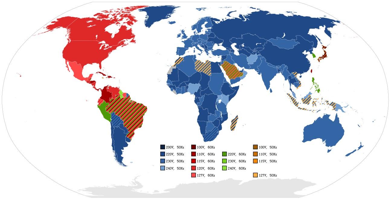 National electrical voltage in the world